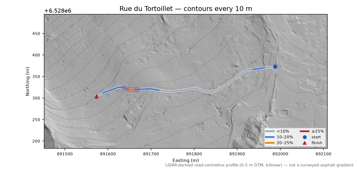 Rue du Tortoillet LiDAR hillshade map with contours