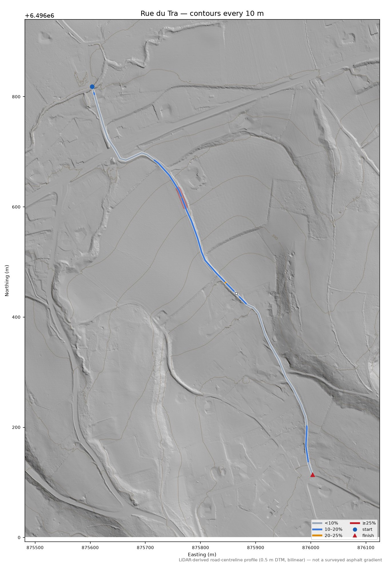 Rue du Tra LiDAR hillshade map with contours