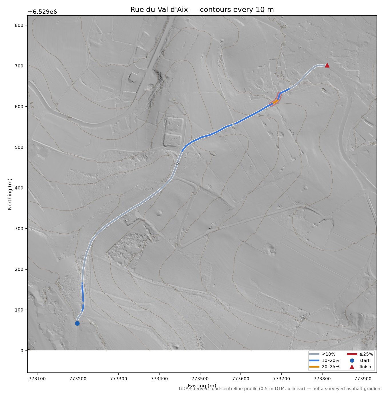 Rue du Val d'Aix LiDAR hillshade map with contours