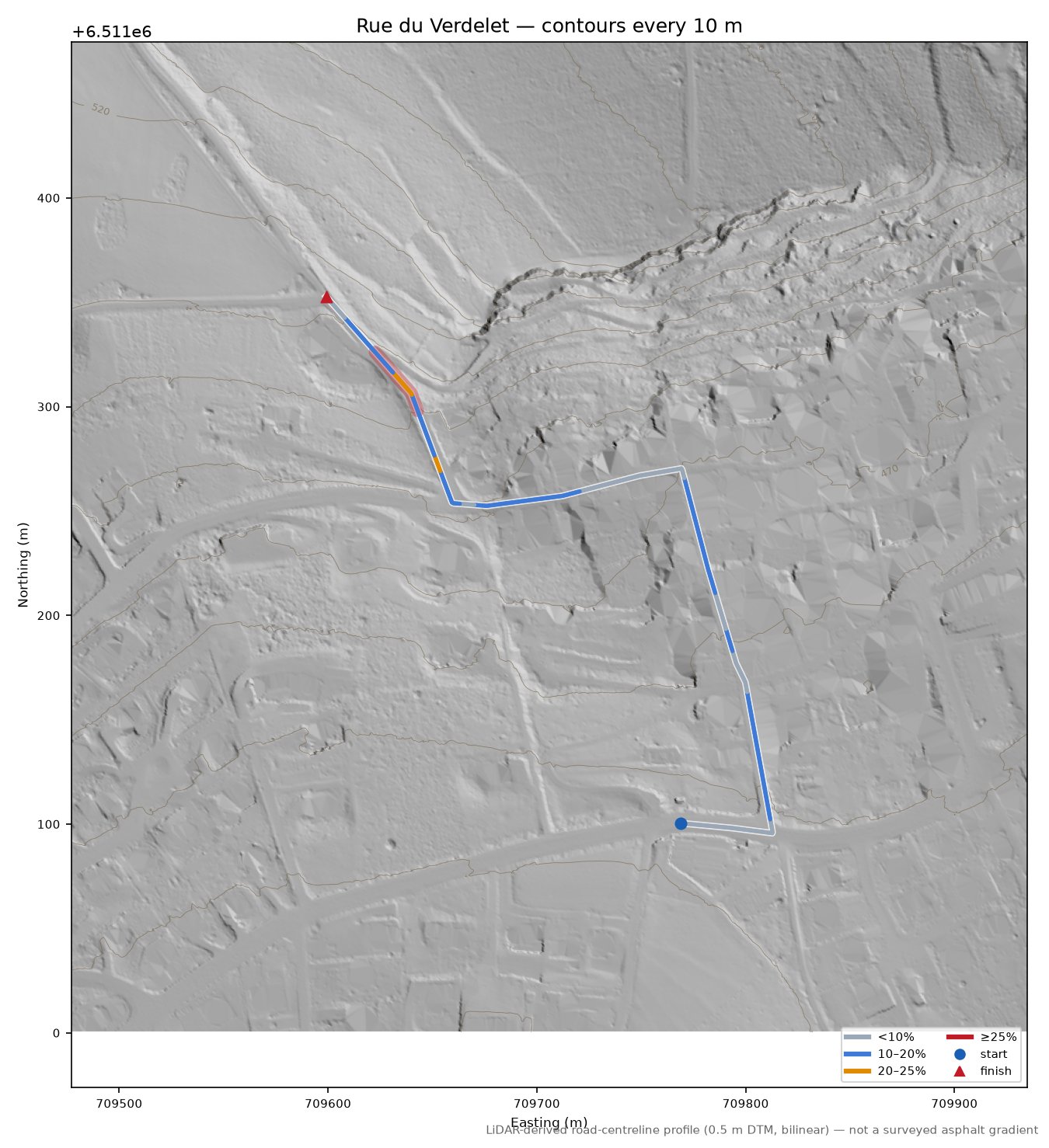 Rue du Verdelet LiDAR hillshade map with contours