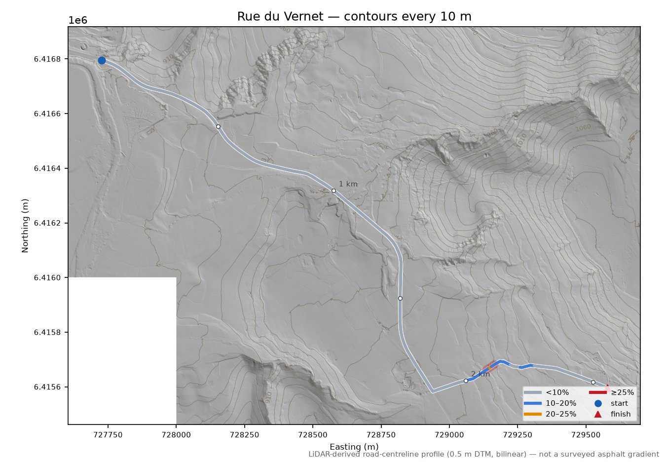 Rue du Vernet LiDAR hillshade map with contours