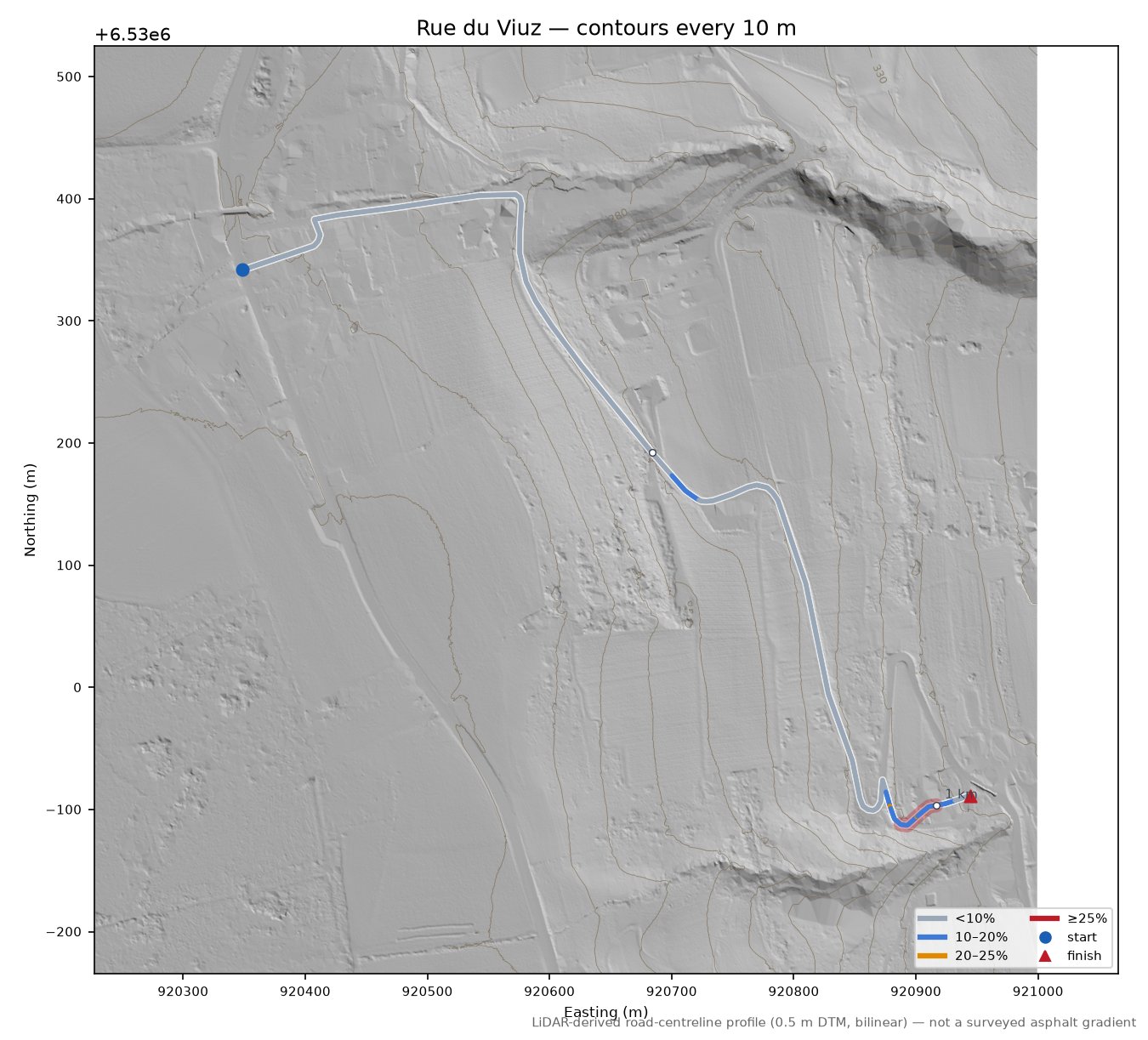 Rue du Viuz LiDAR hillshade map with contours