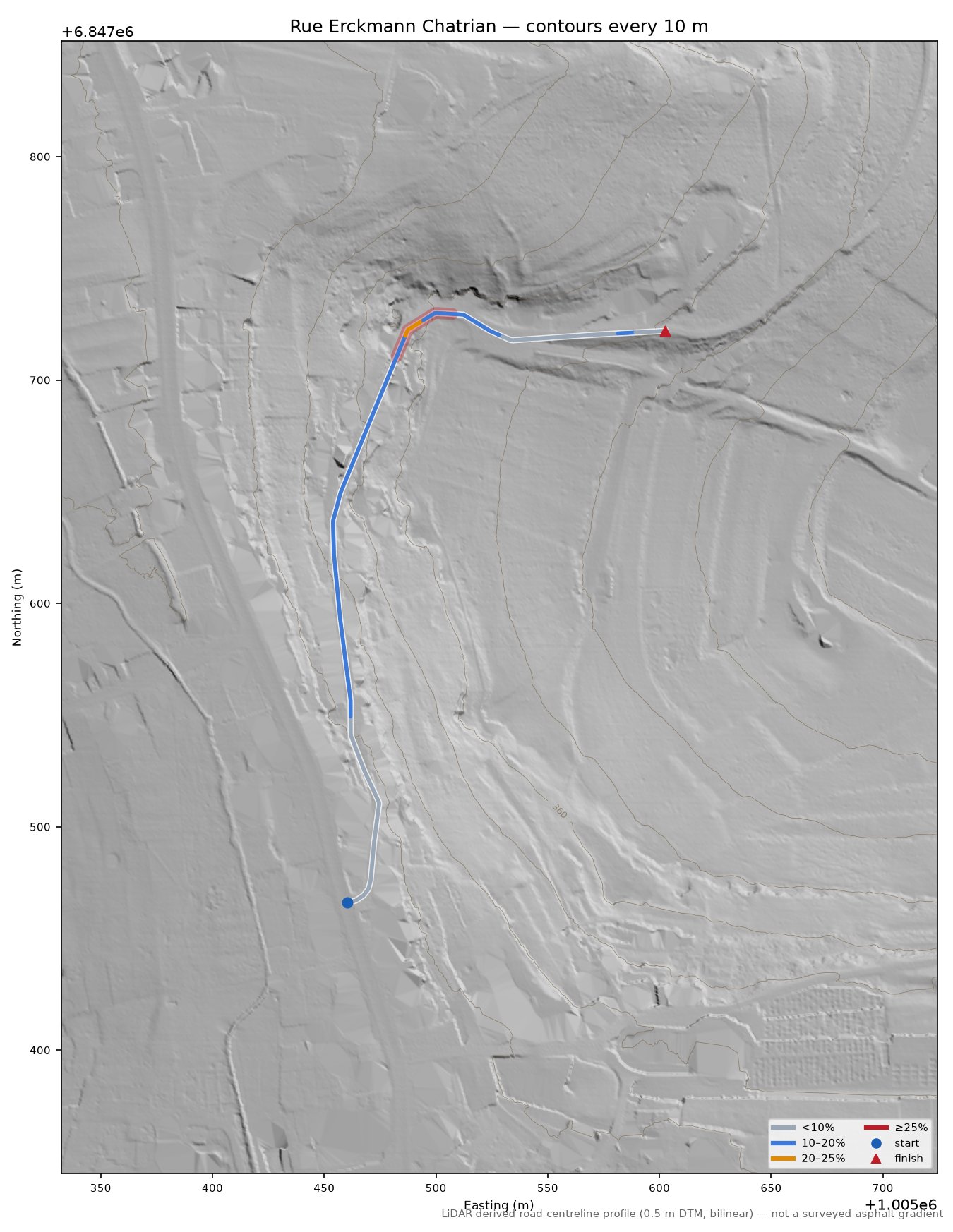 Rue Erckmann Chatrian LiDAR hillshade map with contours
