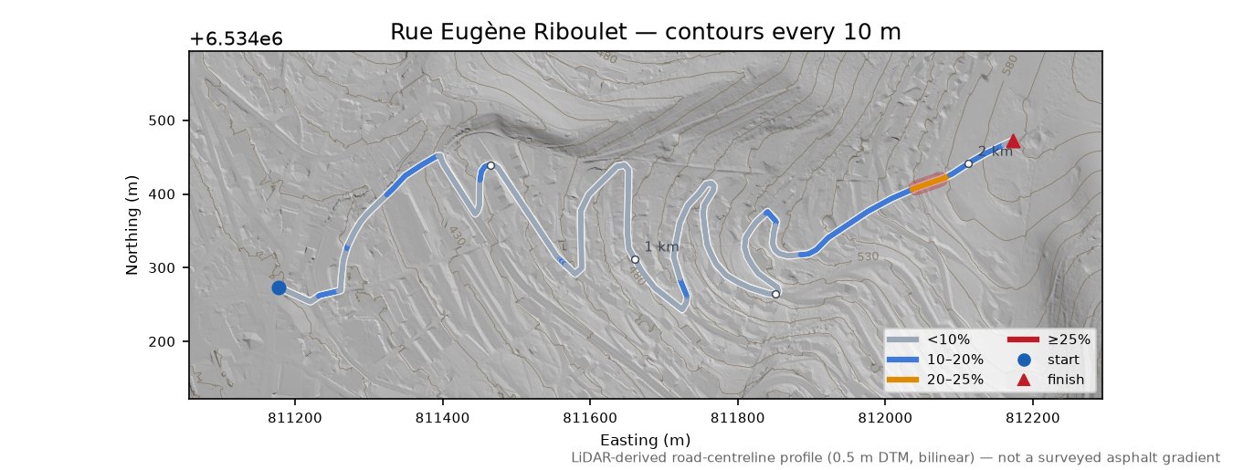 Rue Eugène Riboulet LiDAR hillshade map with contours