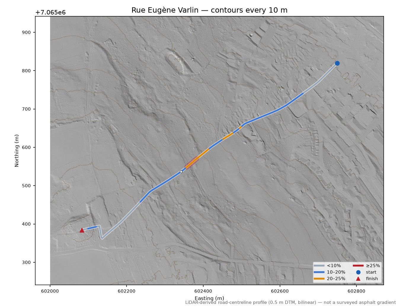 Rue Eugène Varlin LiDAR hillshade map with contours