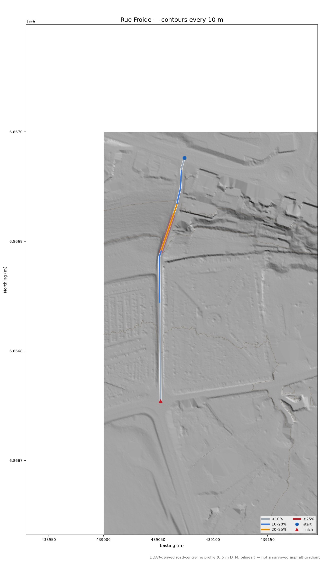 Rue Froide LiDAR hillshade map with contours