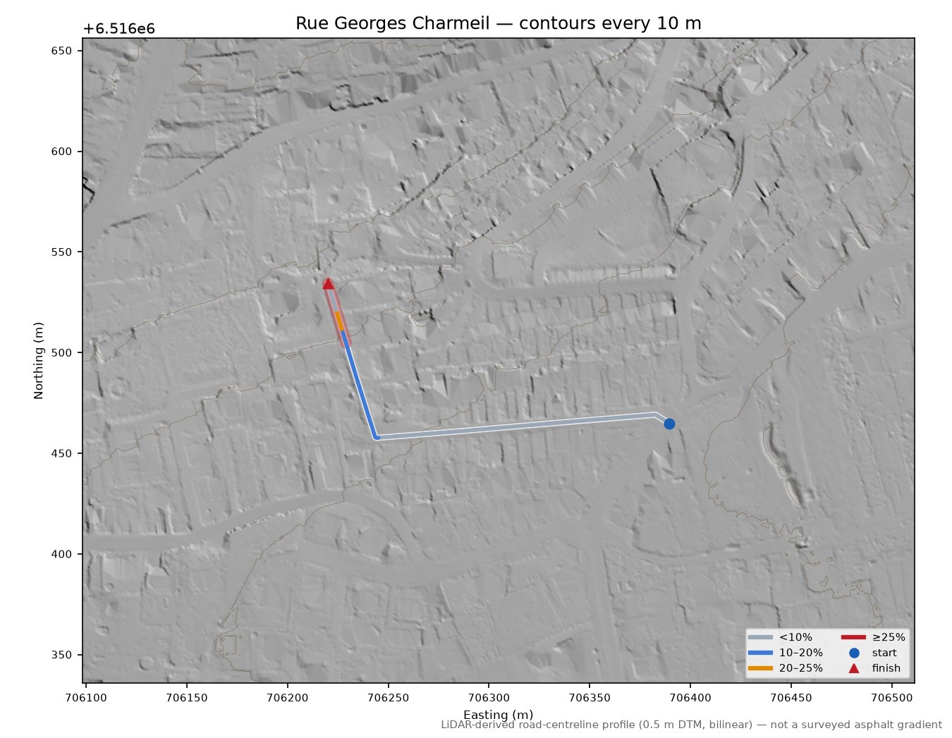 Rue Georges Charmeil LiDAR hillshade map with contours