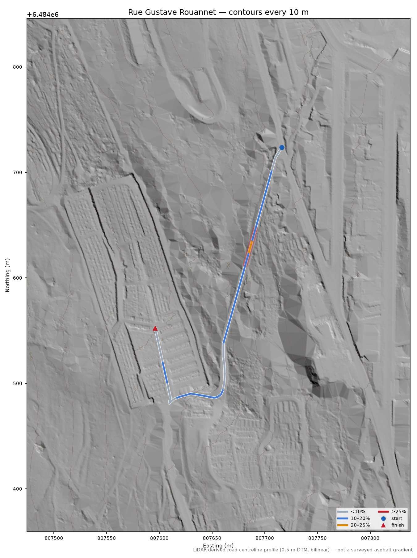 Rue Gustave Rouannet LiDAR hillshade map with contours
