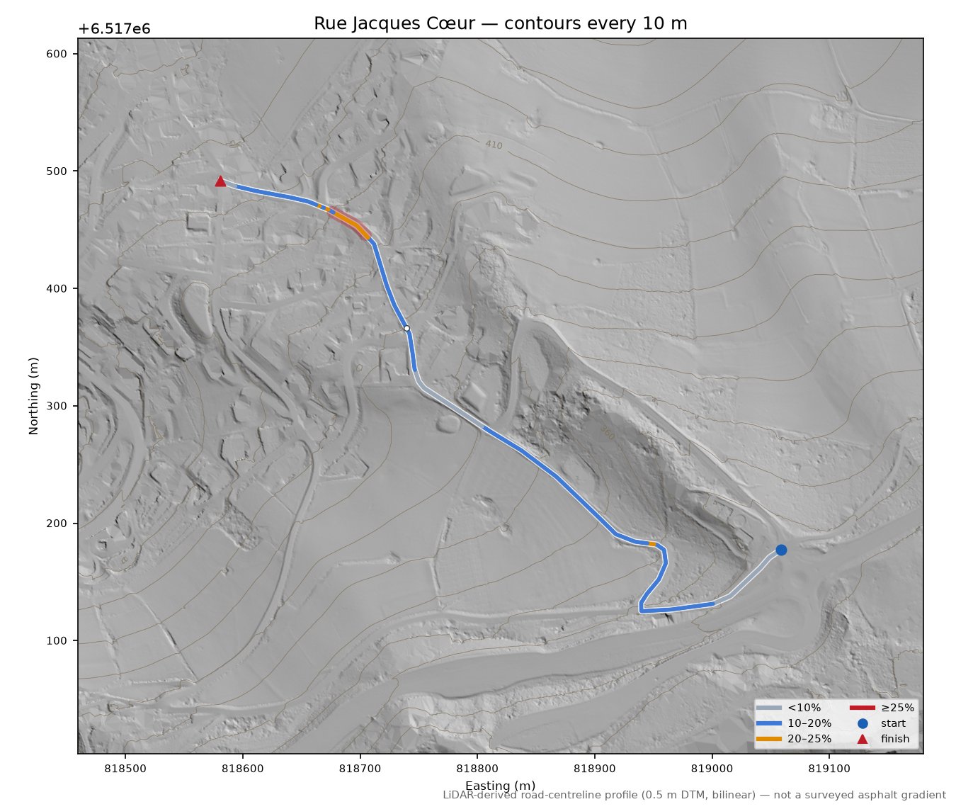 Rue Jacques Cœur LiDAR hillshade map with contours