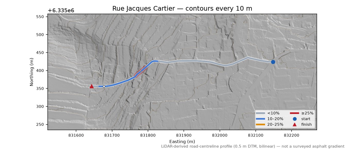Rue Jacques Cartier LiDAR hillshade map with contours