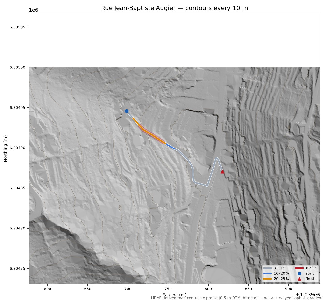 Rue Jean-Baptiste Augier LiDAR hillshade map with contours
