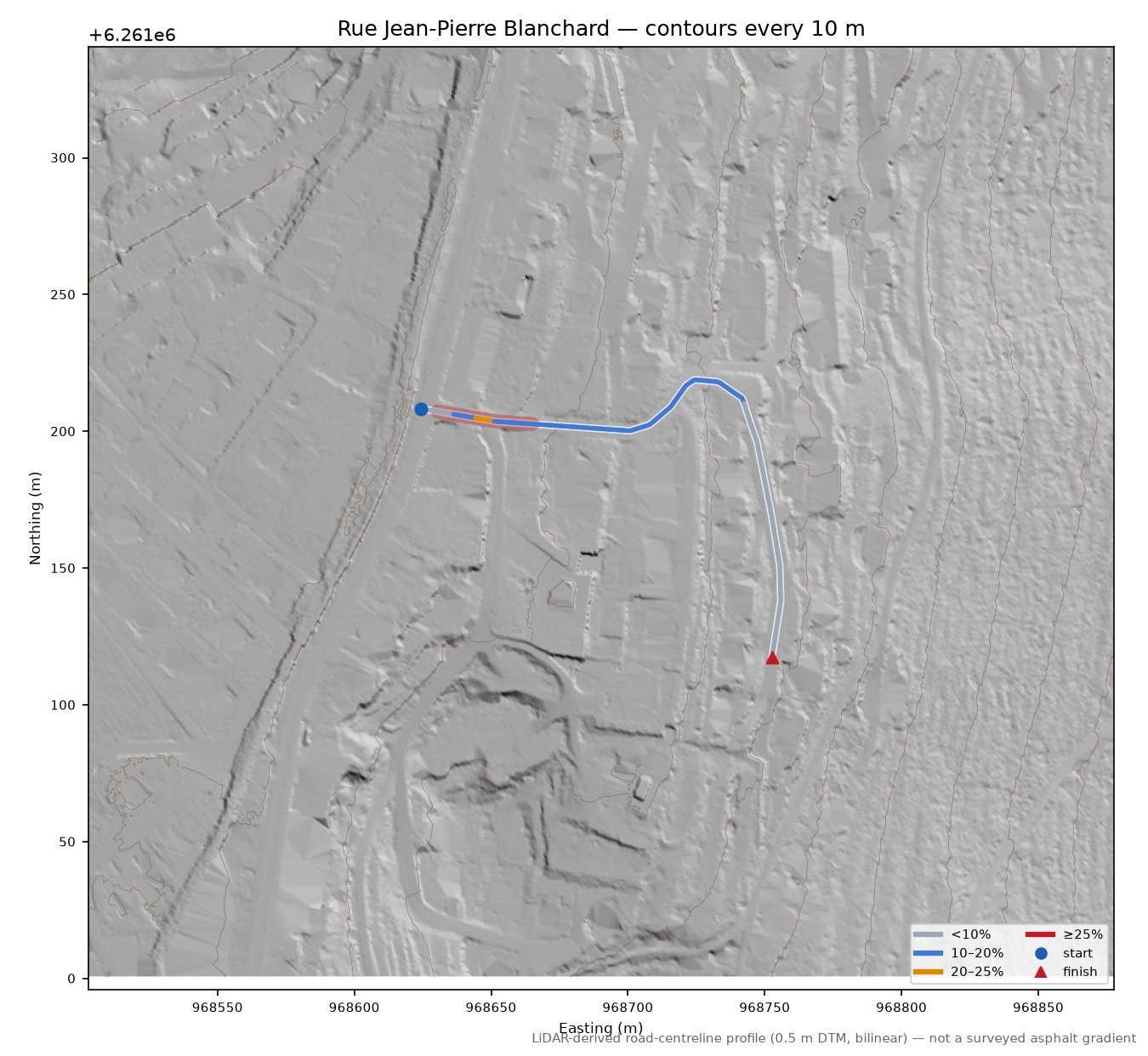 Rue Jean-Pierre Blanchard LiDAR hillshade map with contours