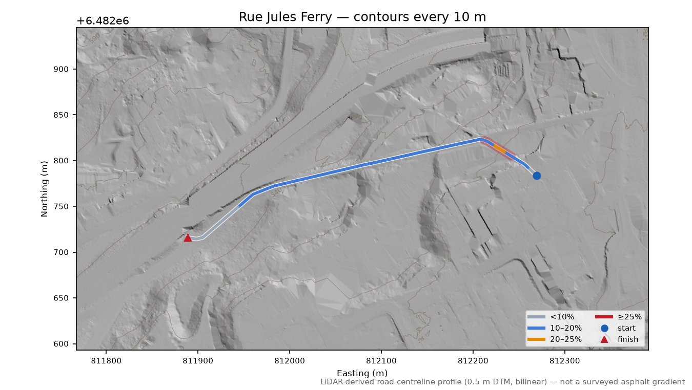 Rue Jules Ferry LiDAR hillshade map with contours