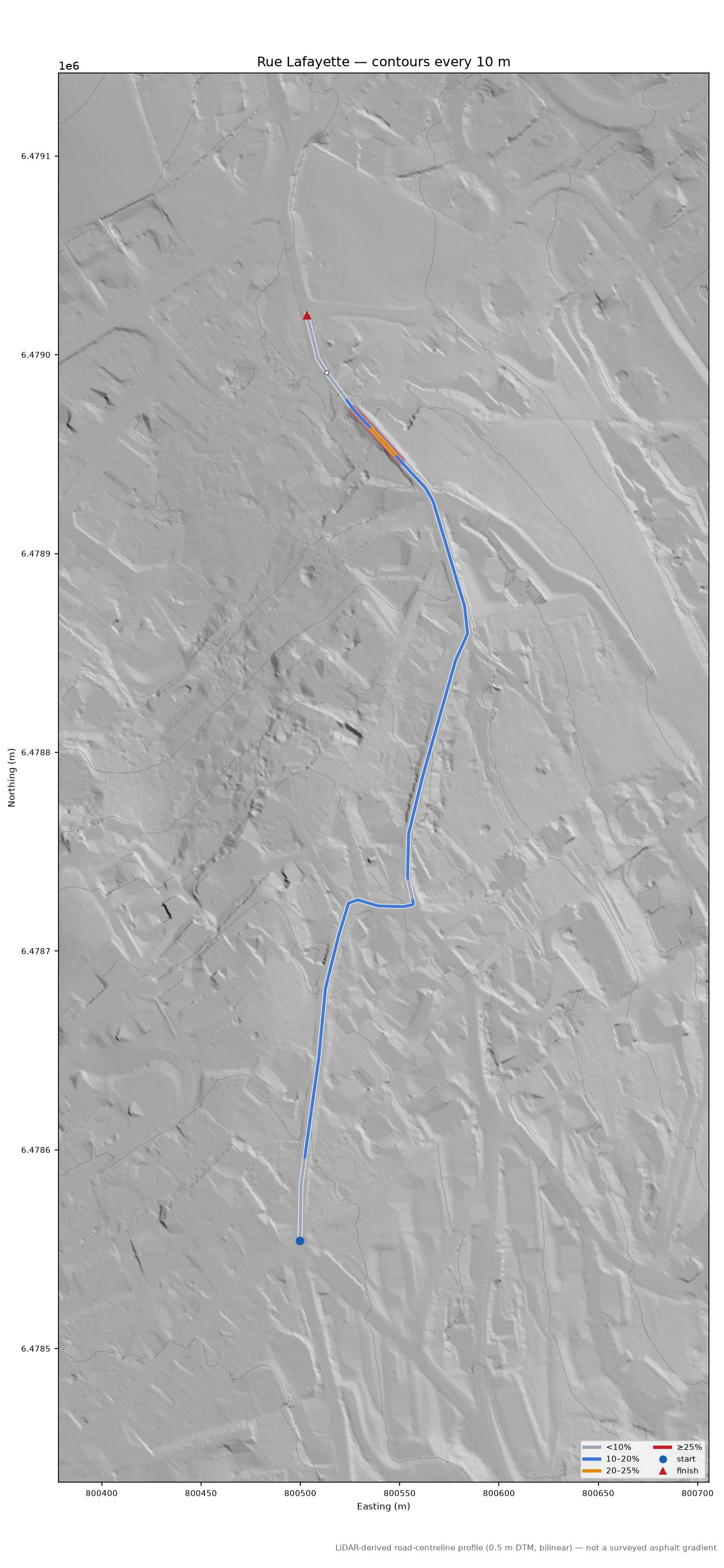 Rue Lafayette LiDAR hillshade map with contours