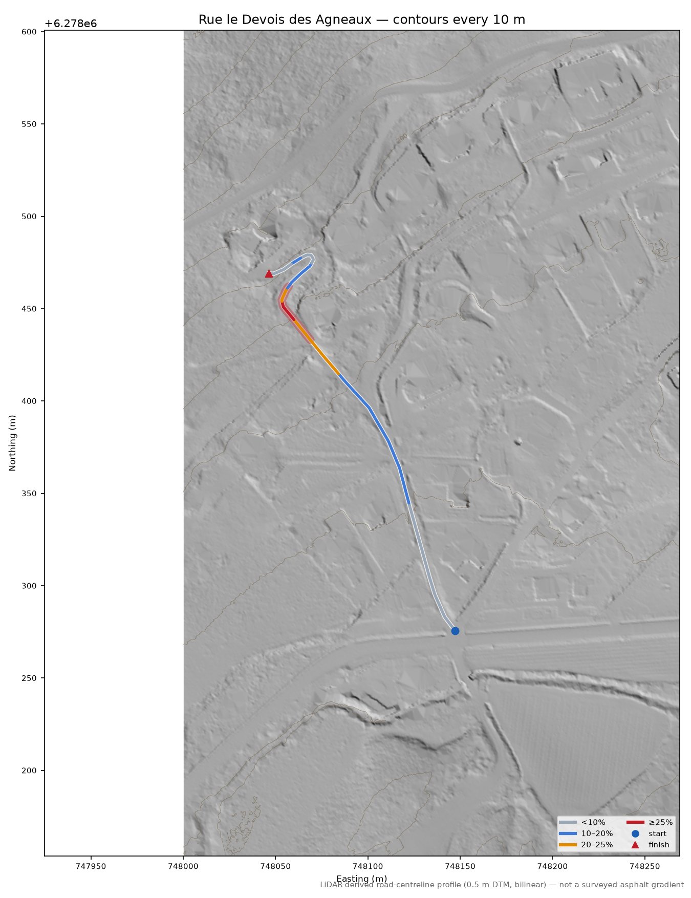 Rue le Devois des Agneaux LiDAR hillshade map with contours