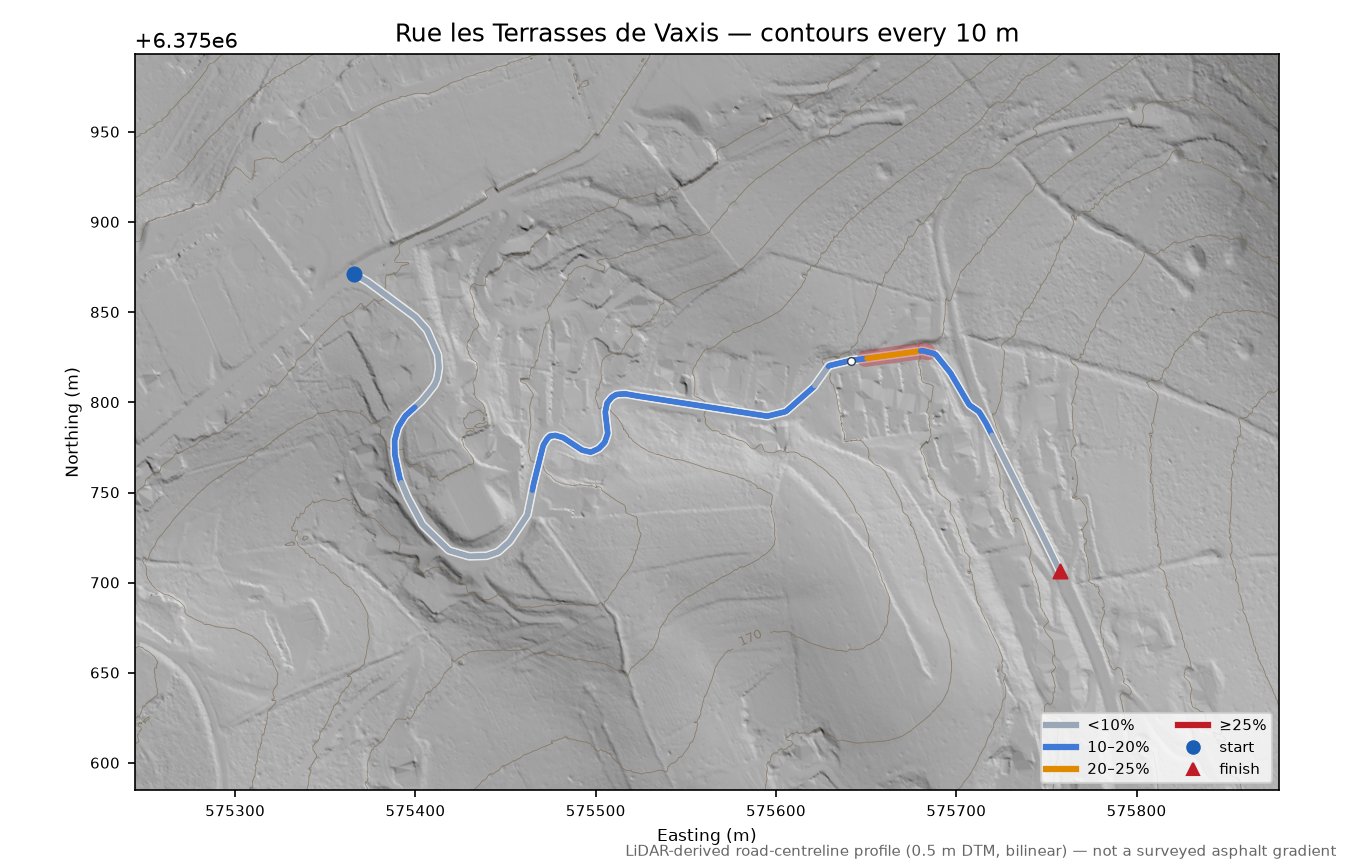 Rue les Terrasses de Vaxis LiDAR hillshade map with contours