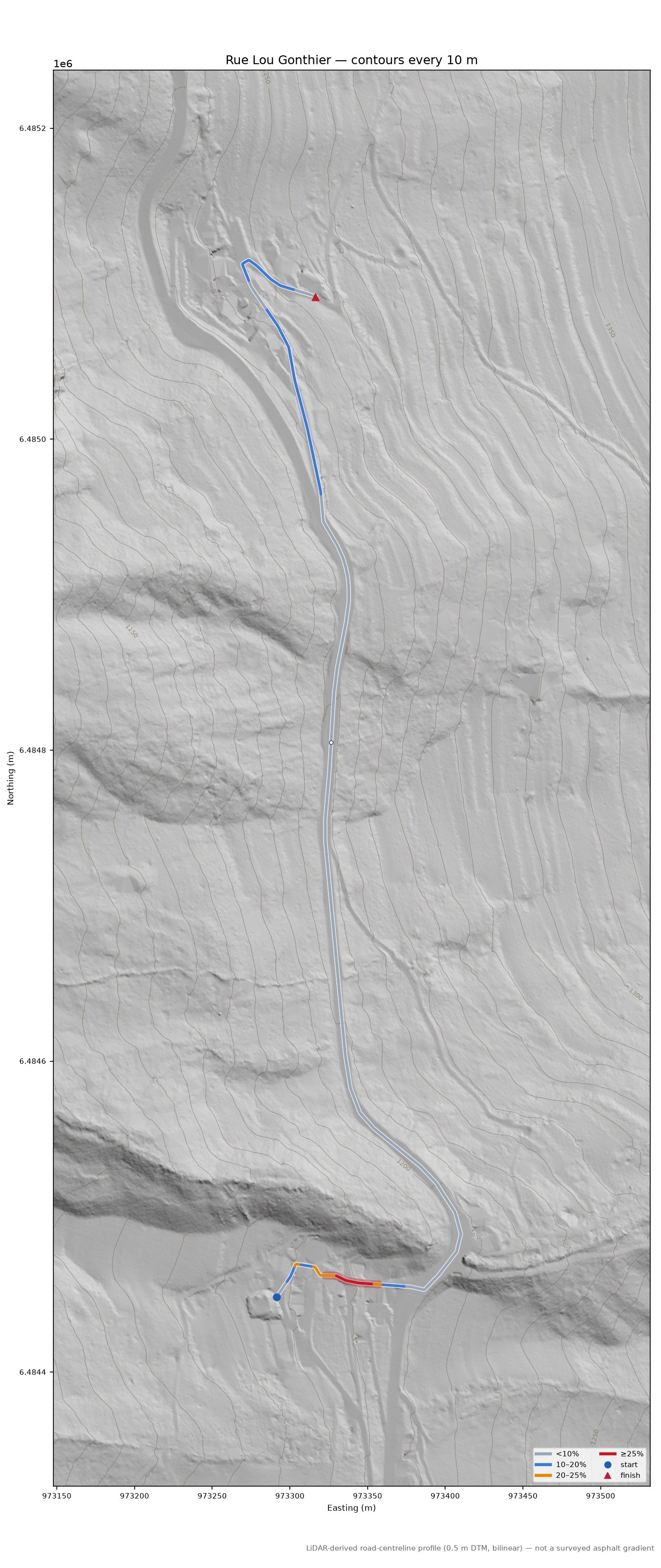 Rue Lou Gonthier LiDAR hillshade map with contours