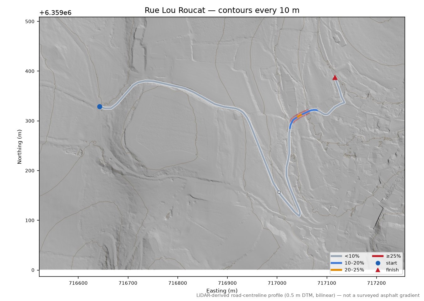 Rue Lou Roucat LiDAR hillshade map with contours