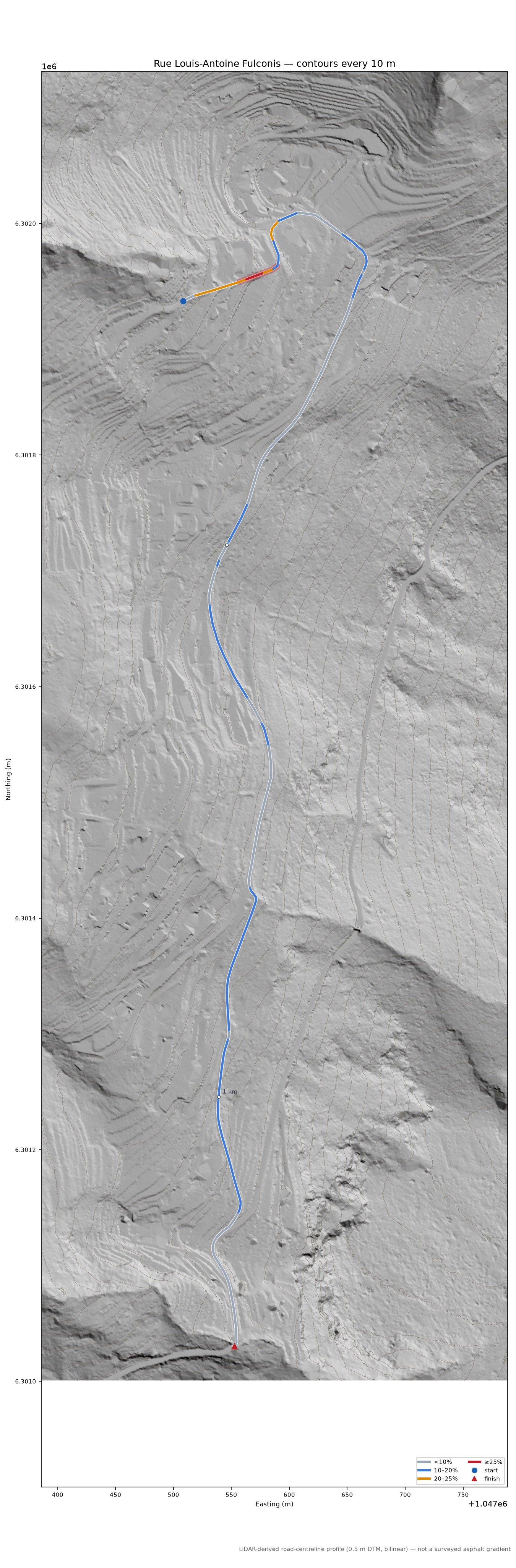 Rue Louis-Antoine Fulconis LiDAR hillshade map with contours