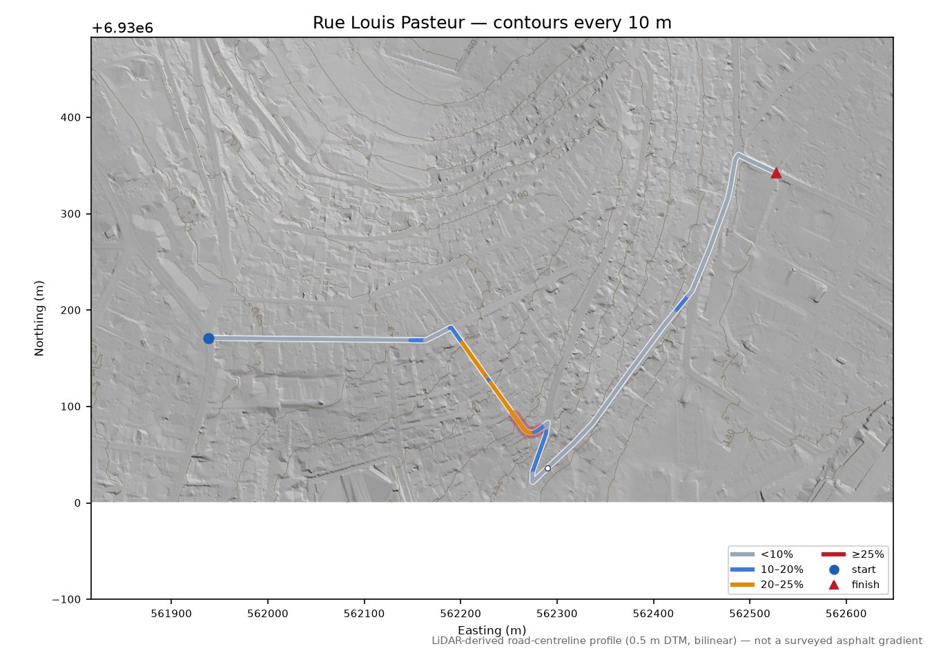 Rue Louis Pasteur LiDAR hillshade map with contours