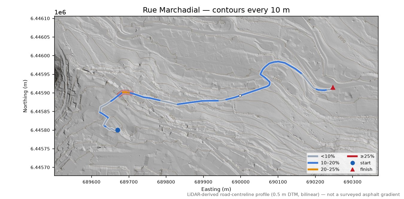Rue Marchadial LiDAR hillshade map with contours
