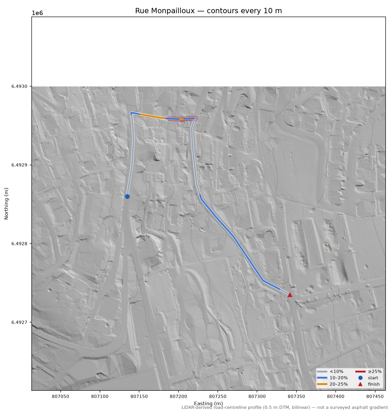 Rue Monpailloux LiDAR hillshade map with contours