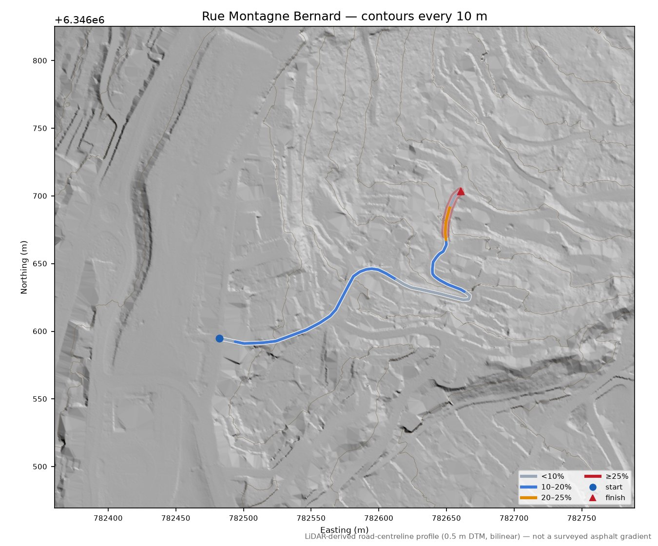 Rue Montagne Bernard LiDAR hillshade map with contours