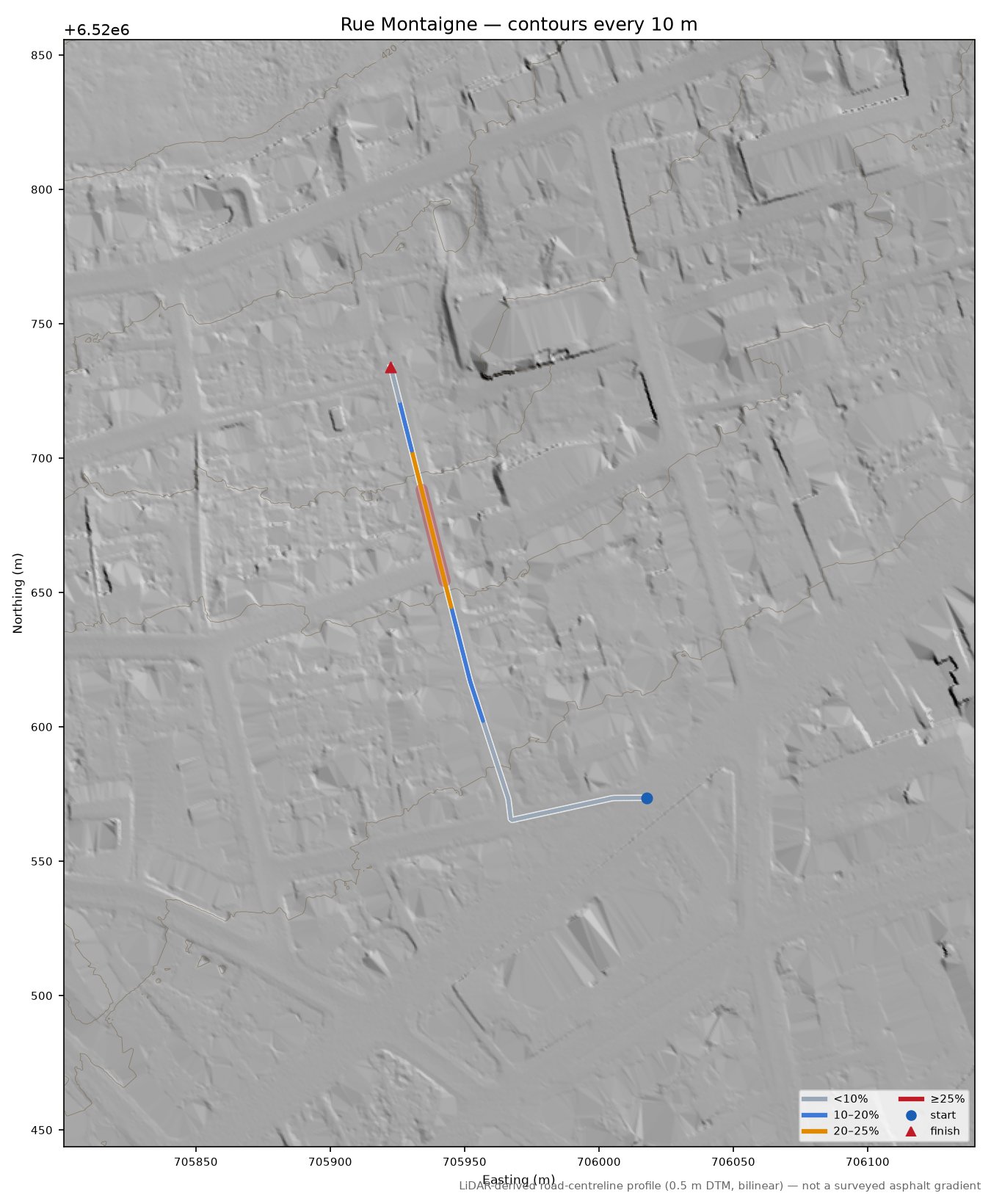 Rue Montaigne LiDAR hillshade map with contours
