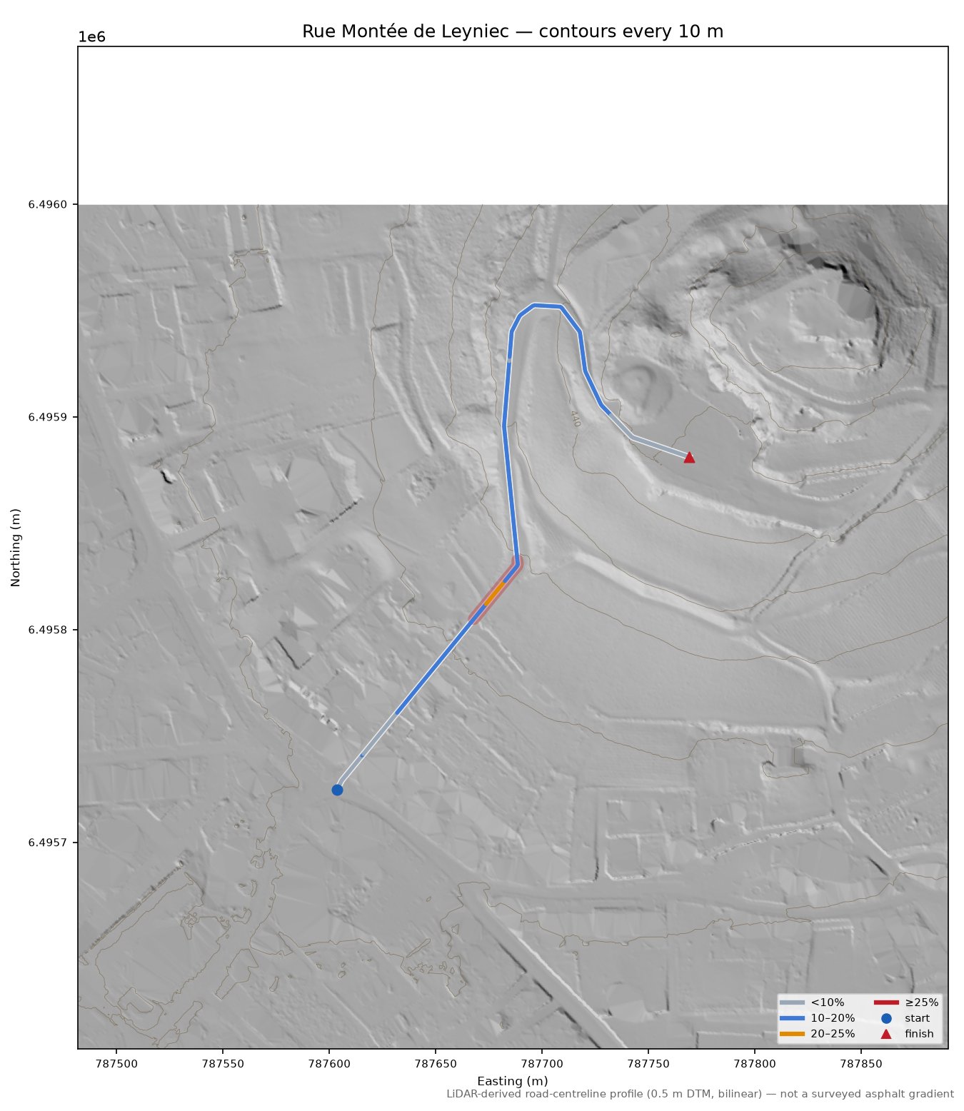 Rue Montée de Leyniec LiDAR hillshade map with contours
