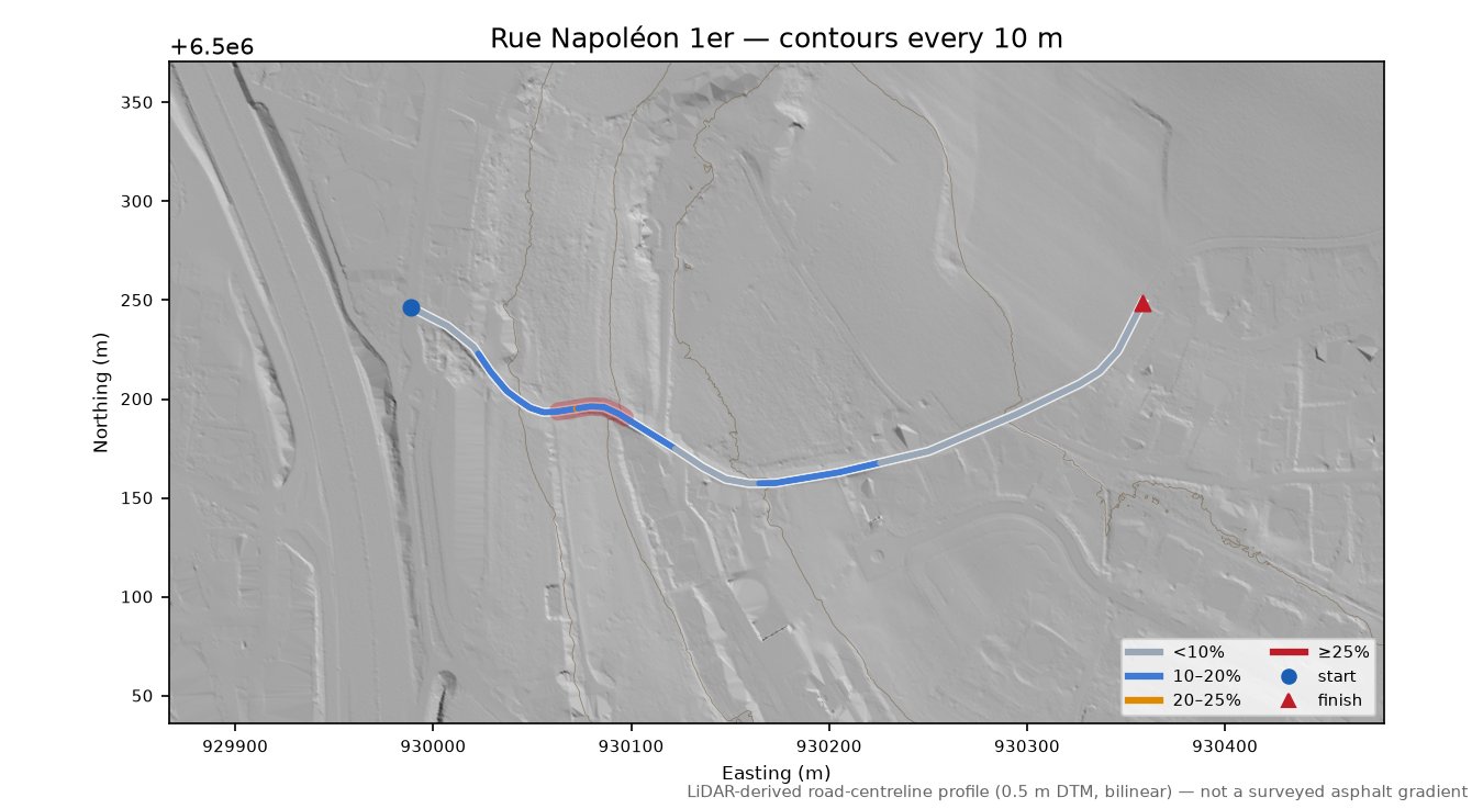Rue Napoléon 1er LiDAR hillshade map with contours