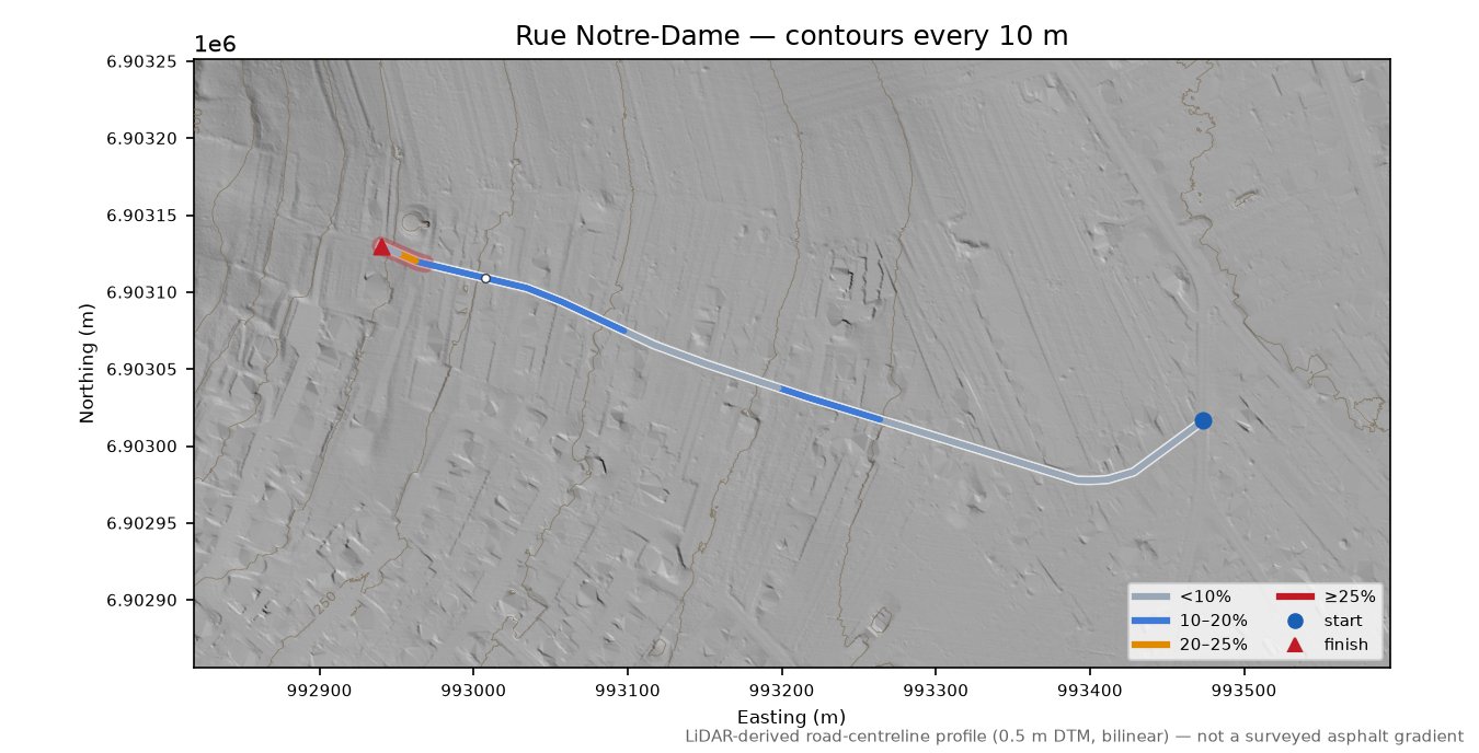 Rue Notre-Dame LiDAR hillshade map with contours