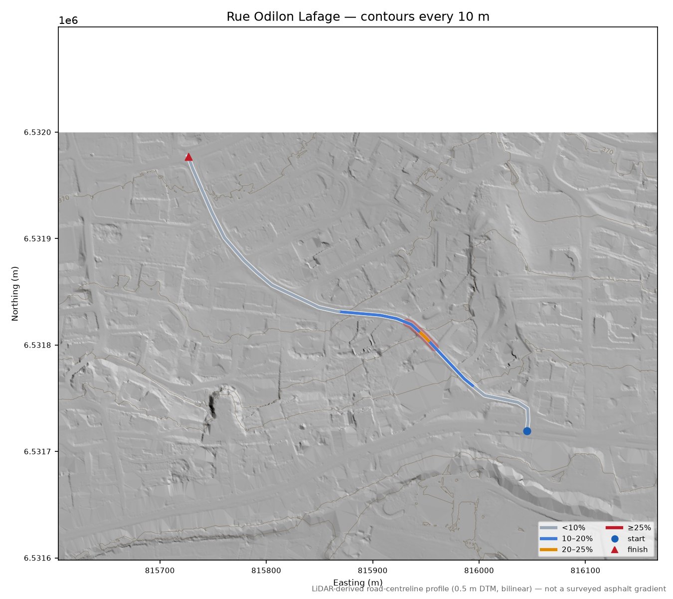 Rue Odilon Lafage LiDAR hillshade map with contours