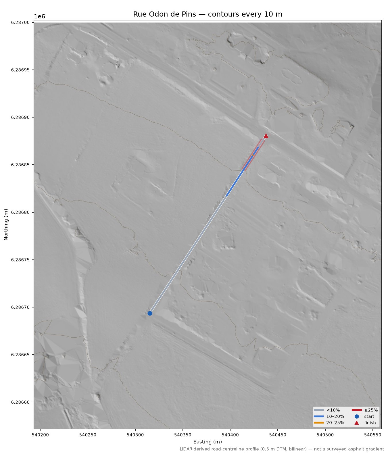 Rue Odon de Pins LiDAR hillshade map with contours
