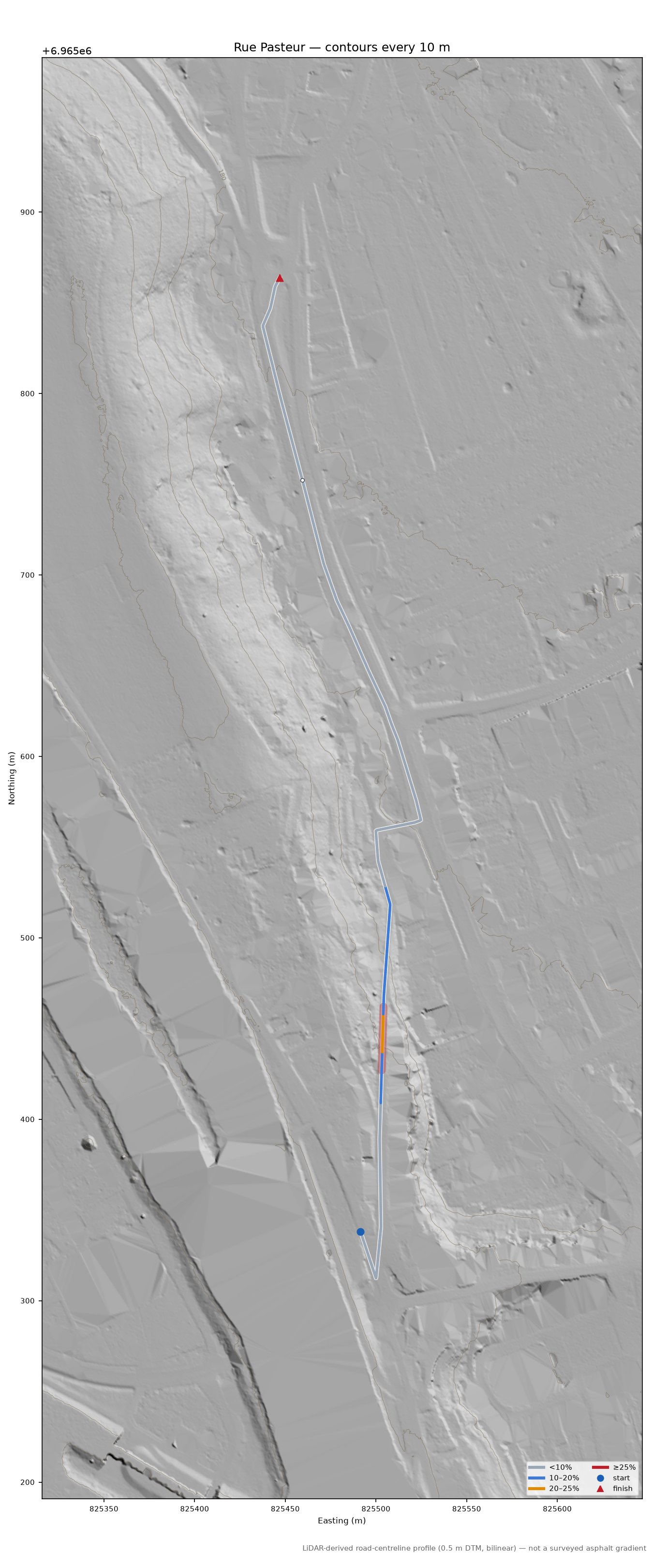 Rue Pasteur LiDAR hillshade map with contours