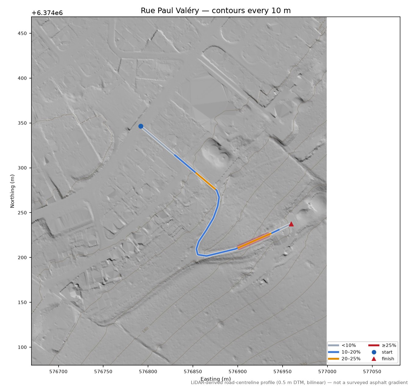 Rue Paul Valéry LiDAR hillshade map with contours