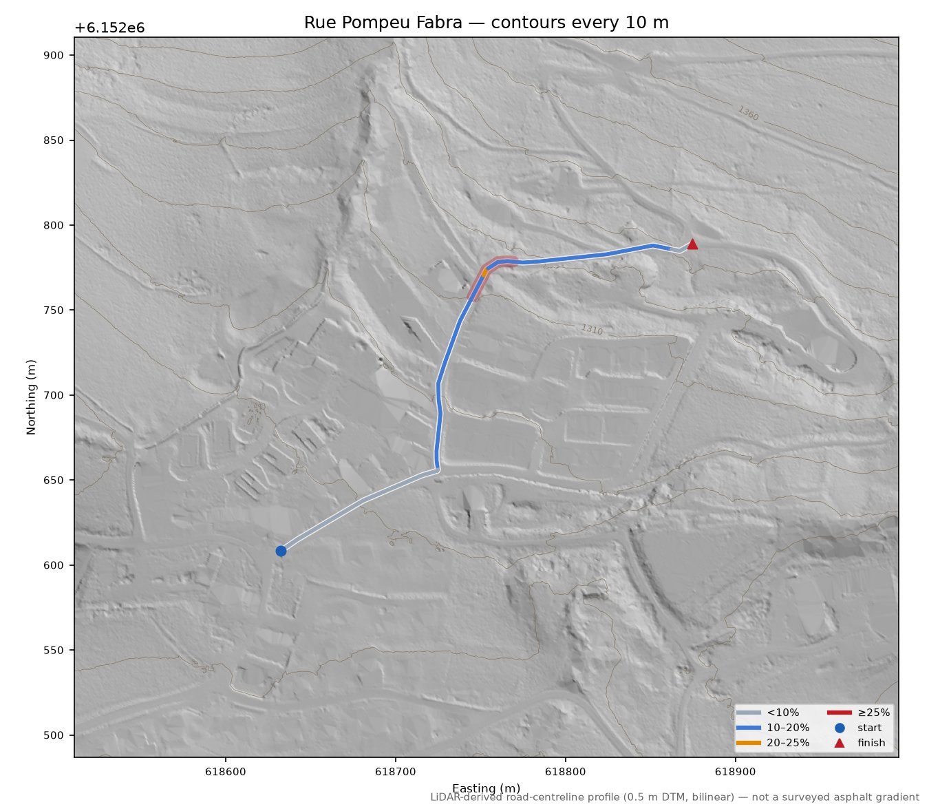 Rue Pompeu Fabra LiDAR hillshade map with contours