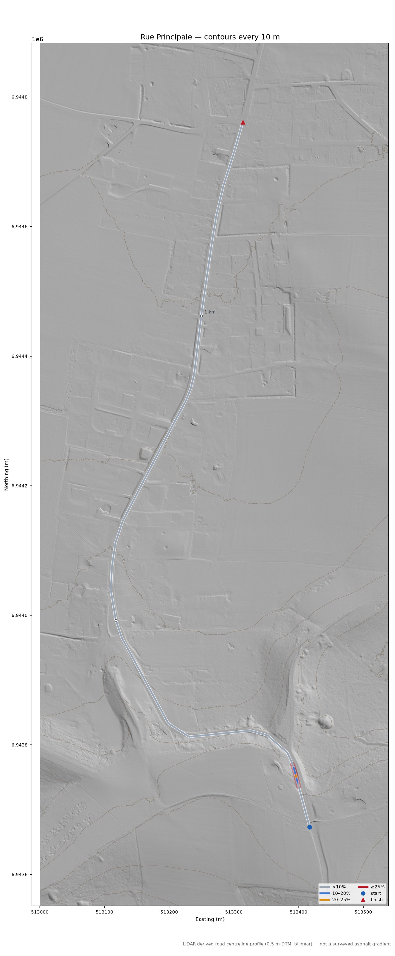 Rue Principale LiDAR hillshade map with contours