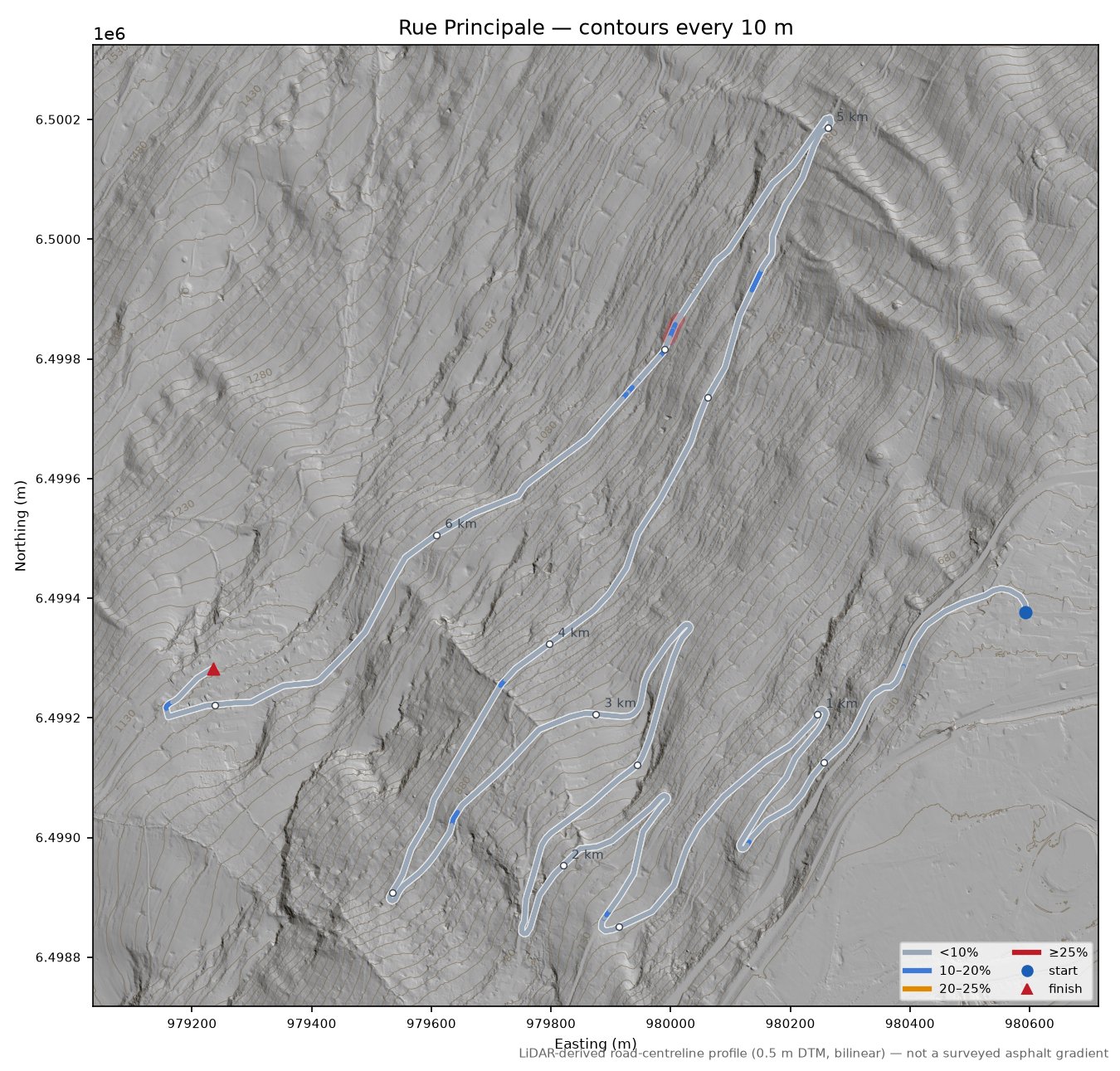 Rue Principale LiDAR hillshade map with contours