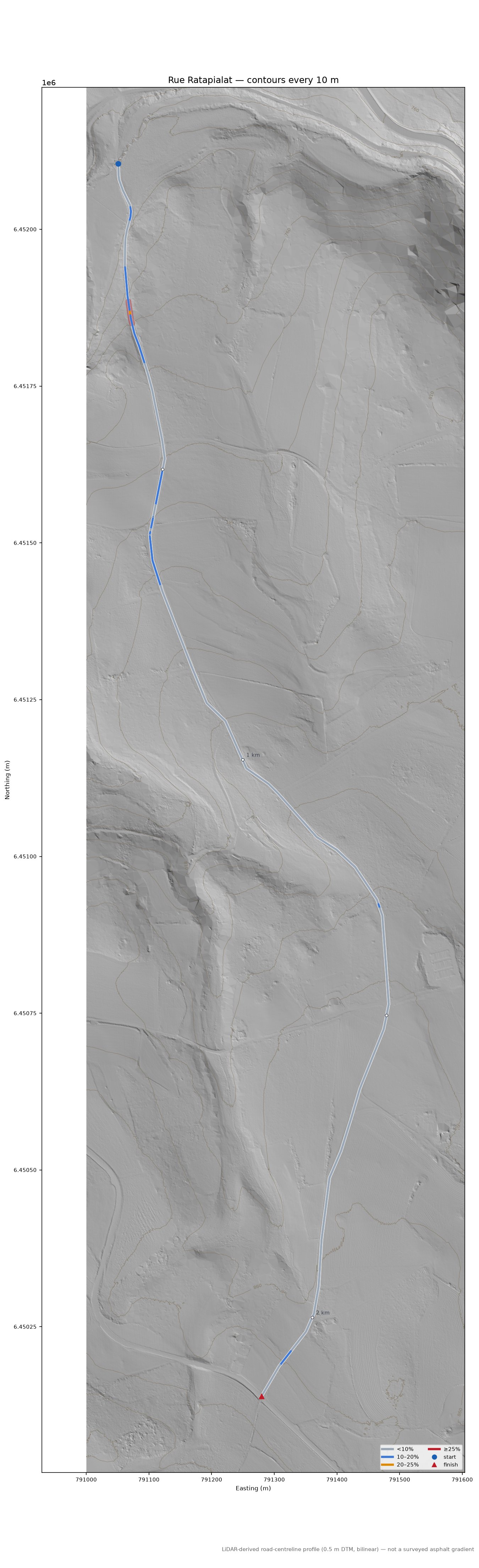 Rue Ratapialat LiDAR hillshade map with contours