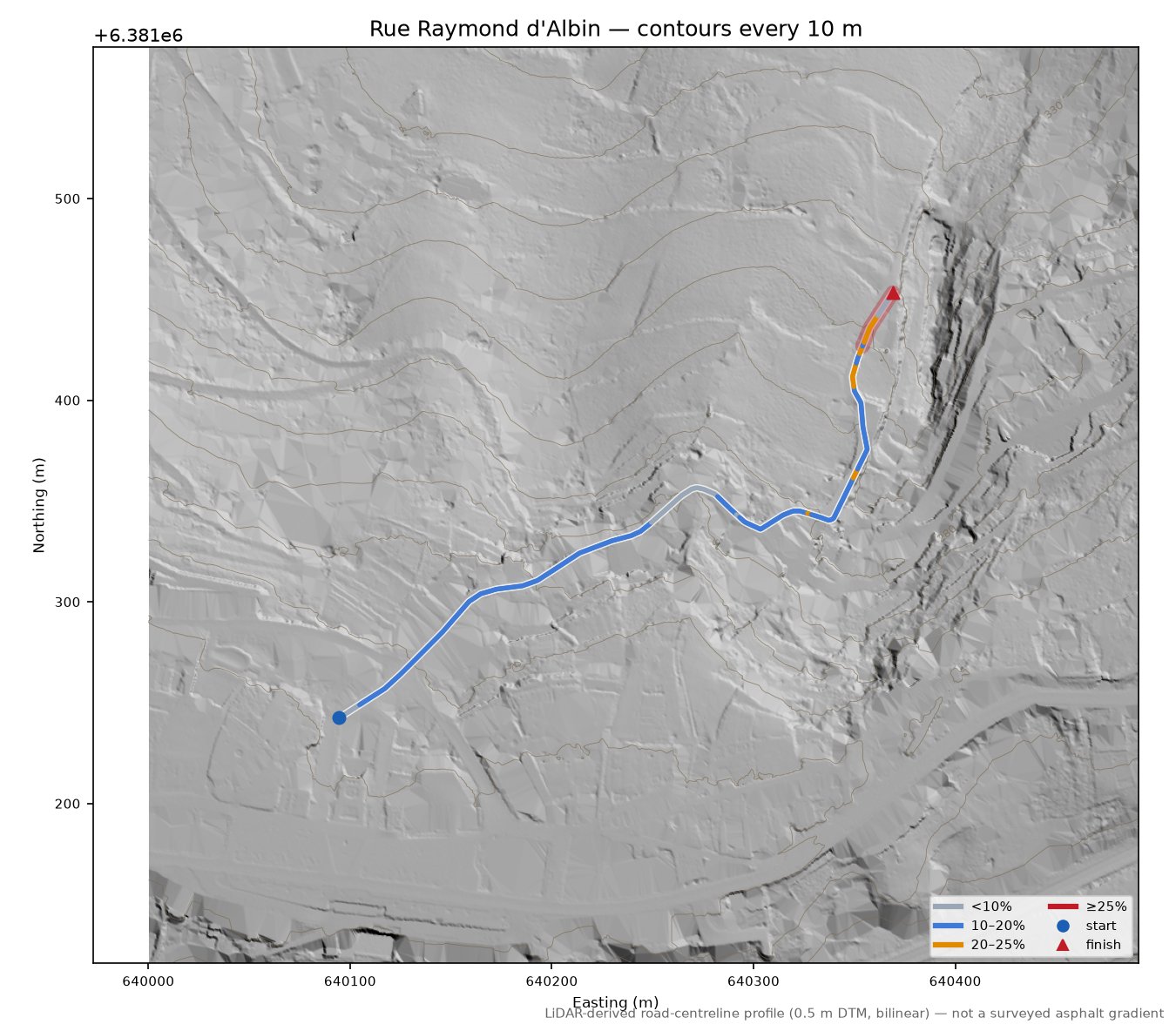 Rue Raymond d'Albin LiDAR hillshade map with contours
