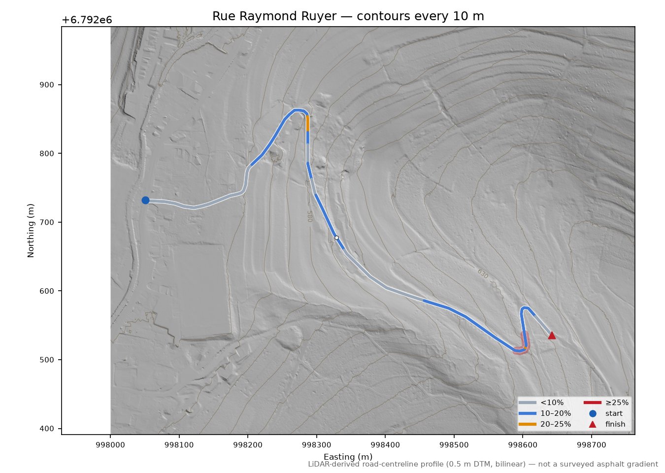 Rue Raymond Ruyer LiDAR hillshade map with contours