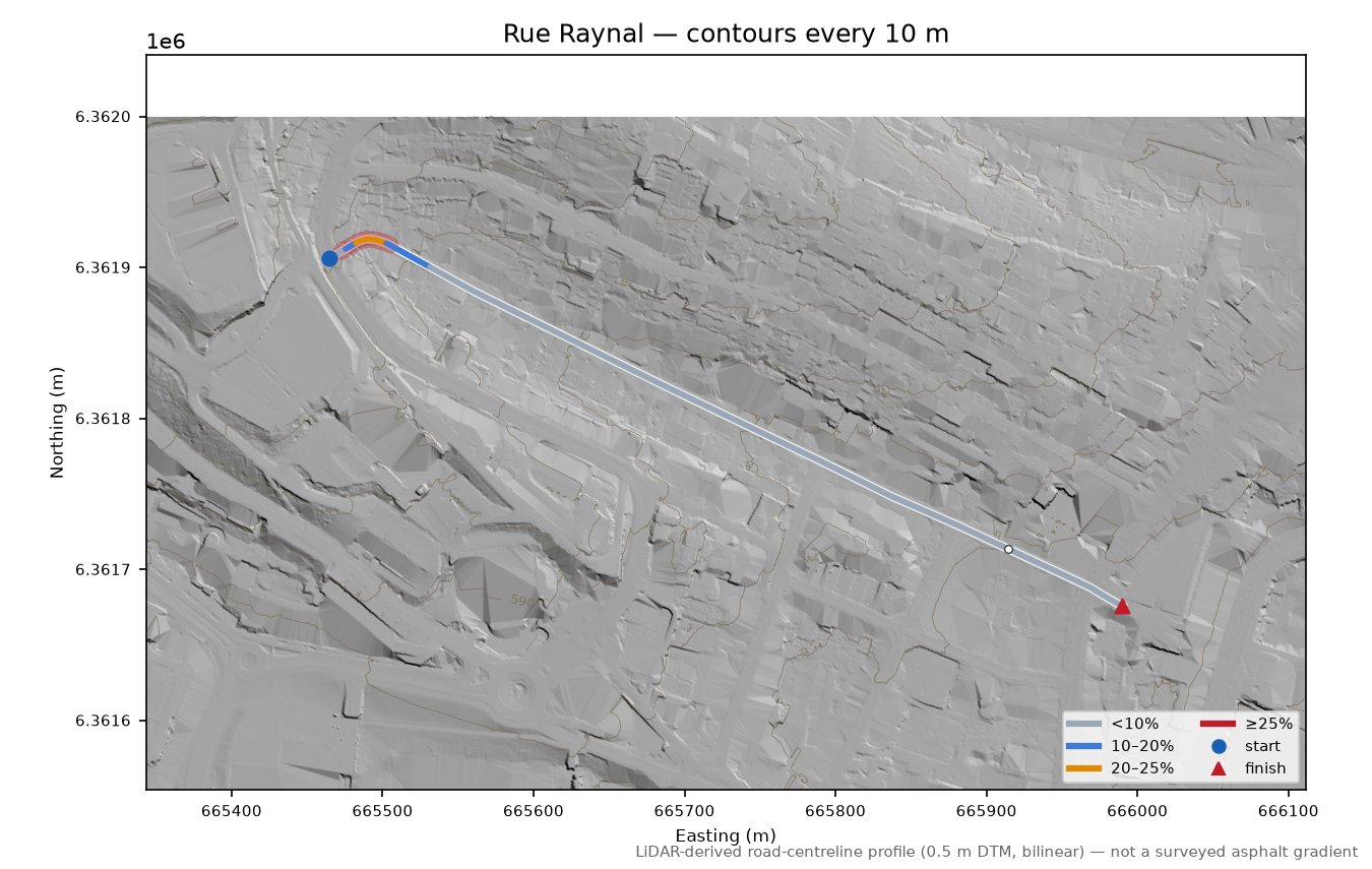 Rue Raynal LiDAR hillshade map with contours