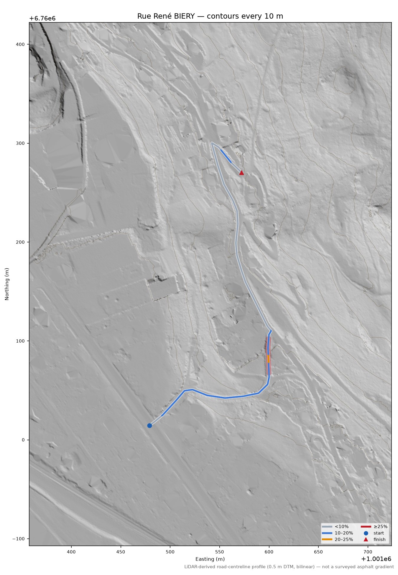 Rue René BIERY LiDAR hillshade map with contours