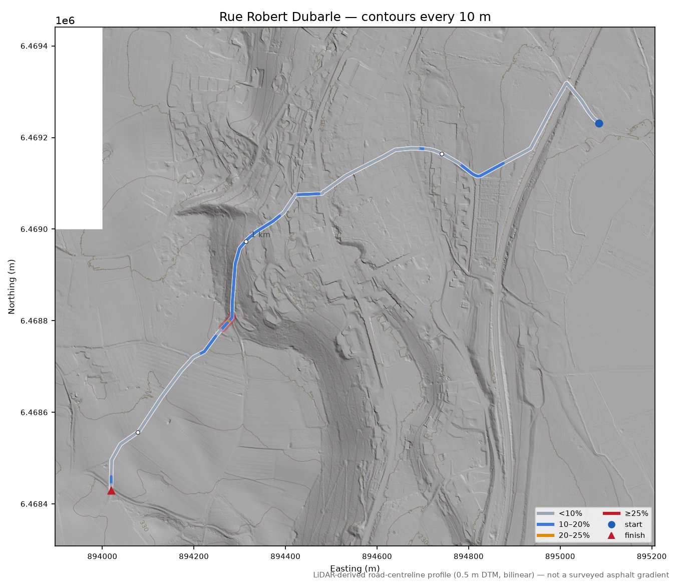 Rue Robert Dubarle LiDAR hillshade map with contours