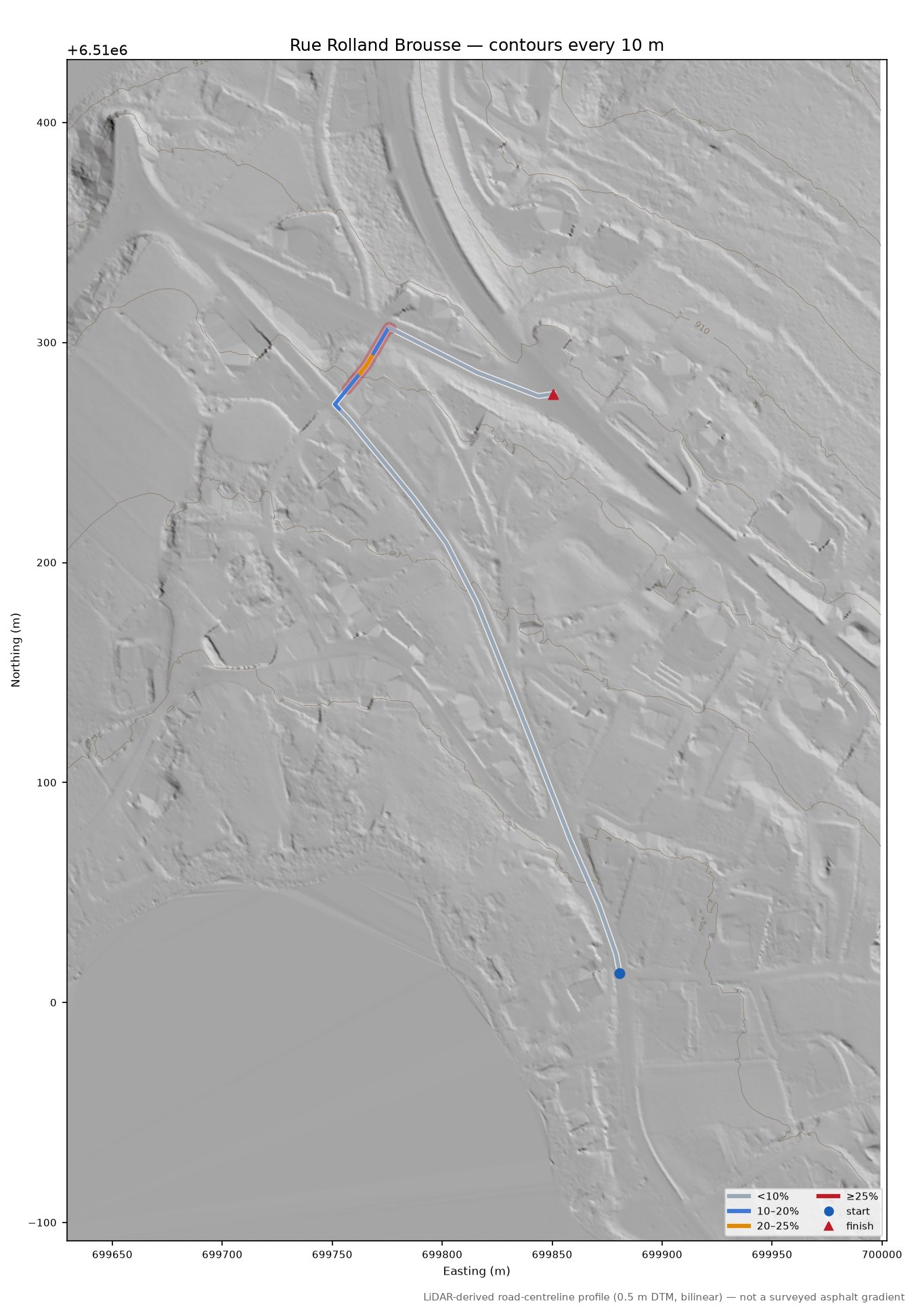 Rue Rolland Brousse LiDAR hillshade map with contours
