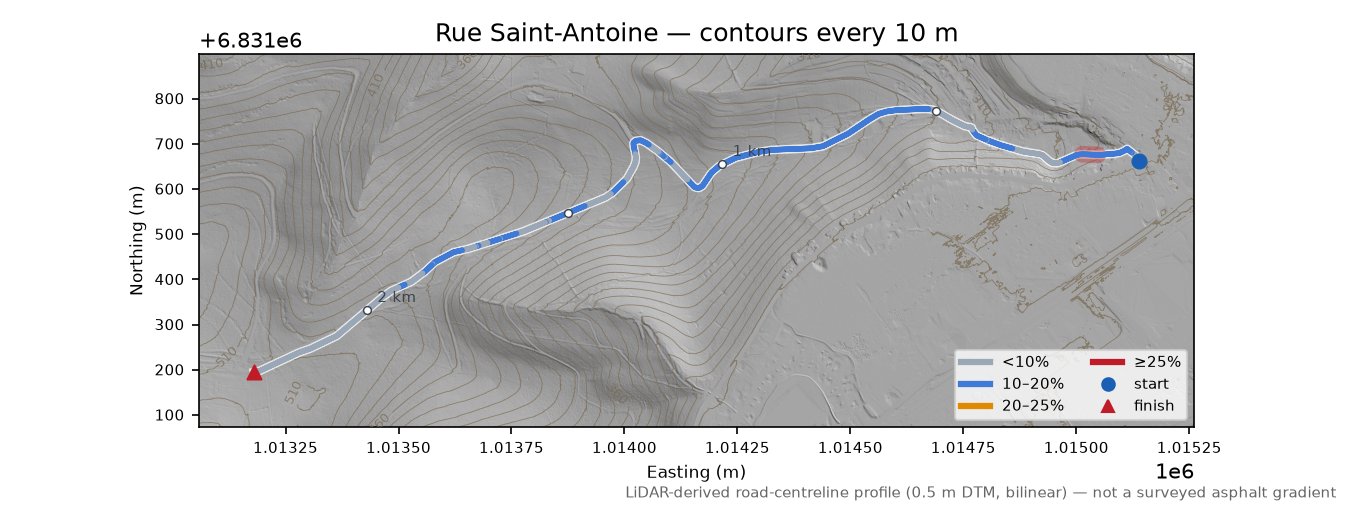 Rue Saint-Antoine LiDAR hillshade map with contours