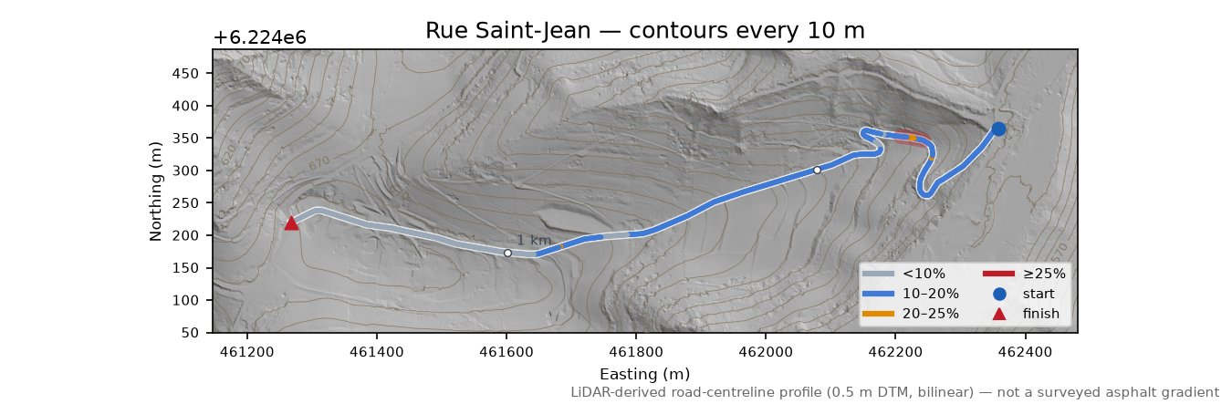 Rue Saint-Jean LiDAR hillshade map with contours