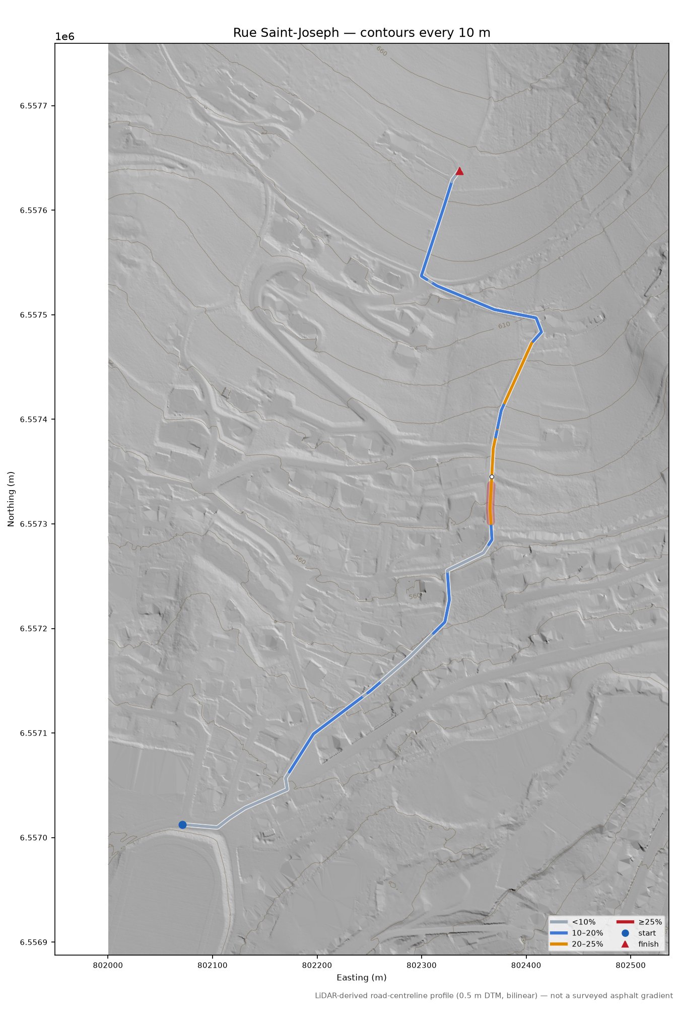 Rue Saint-Joseph LiDAR hillshade map with contours