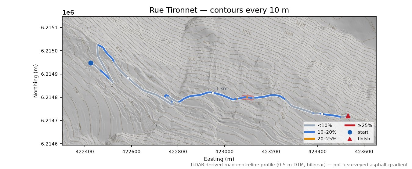 Rue Tironnet LiDAR hillshade map with contours