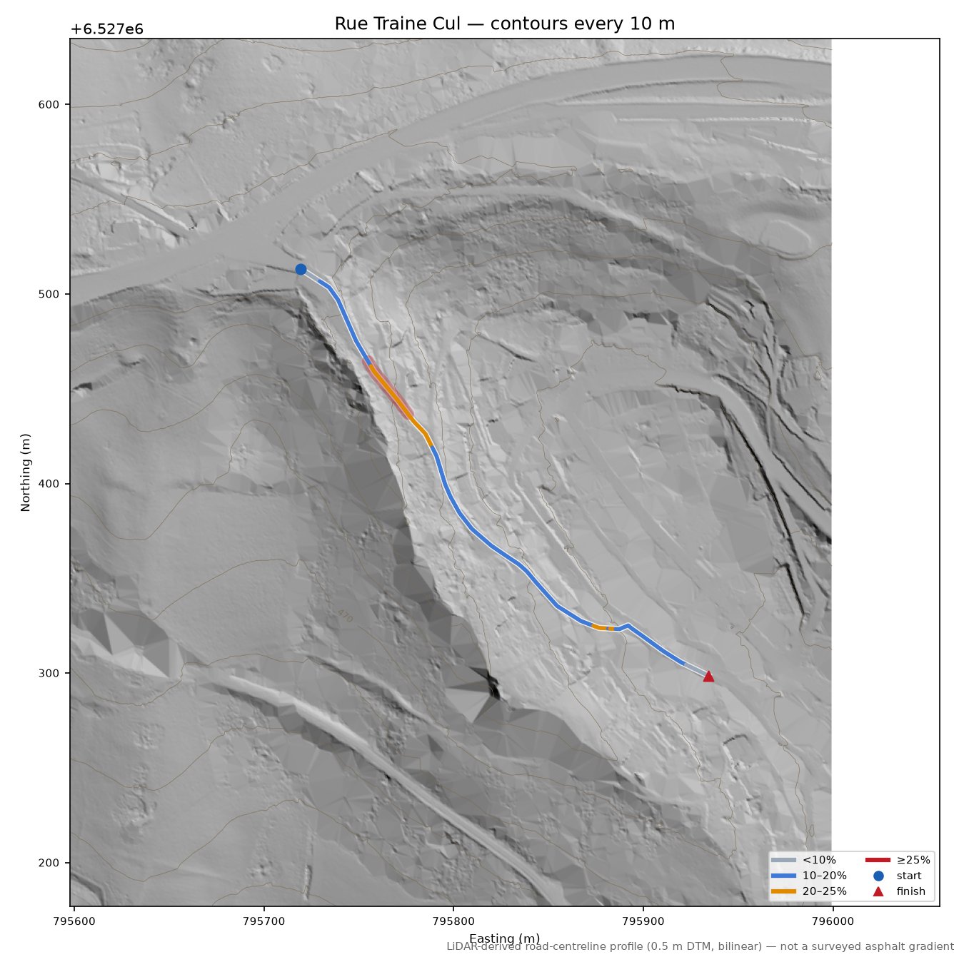 Rue Traine Cul LiDAR hillshade map with contours
